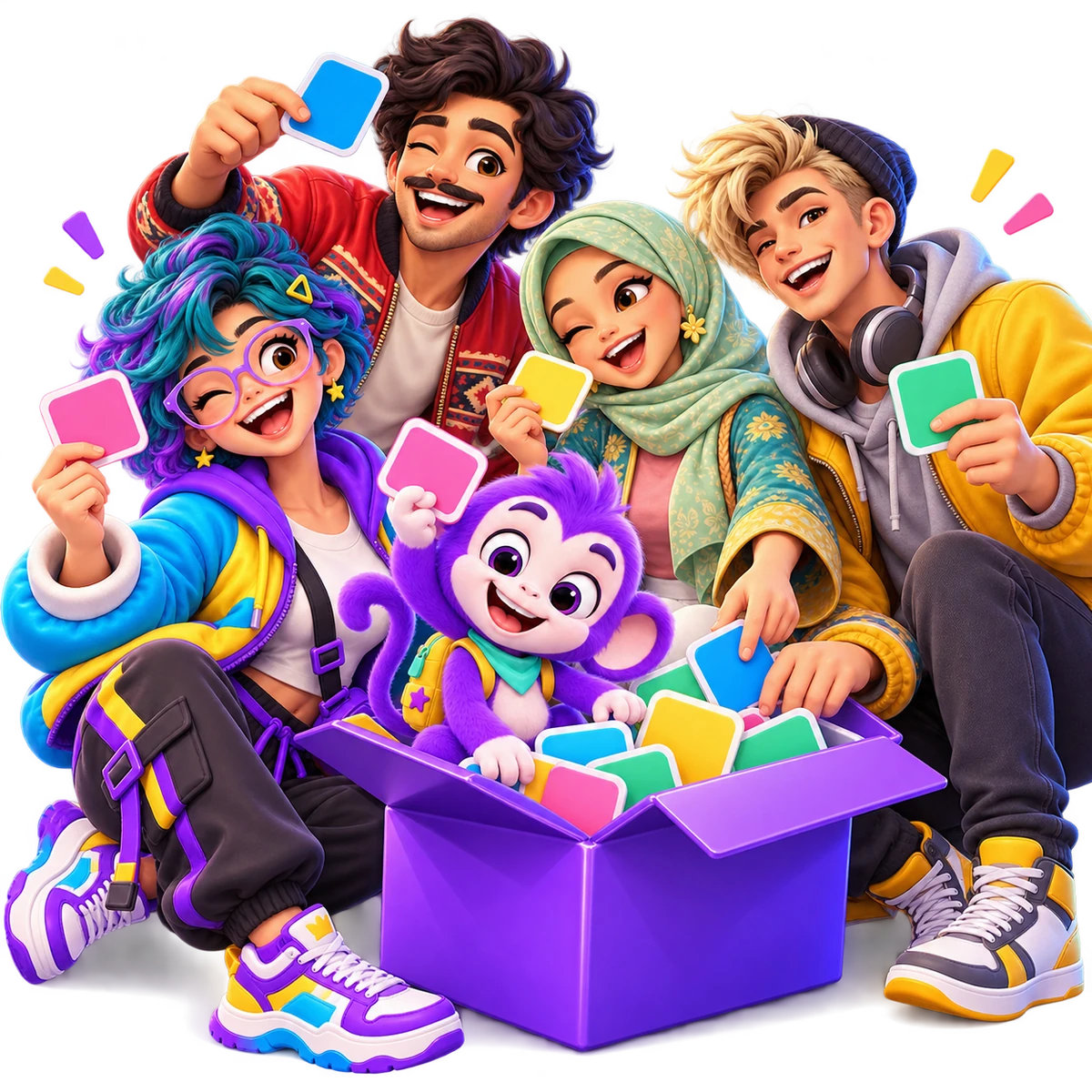 Friends and Pako the monkey pulling colourful game cards out of a PackPlay box